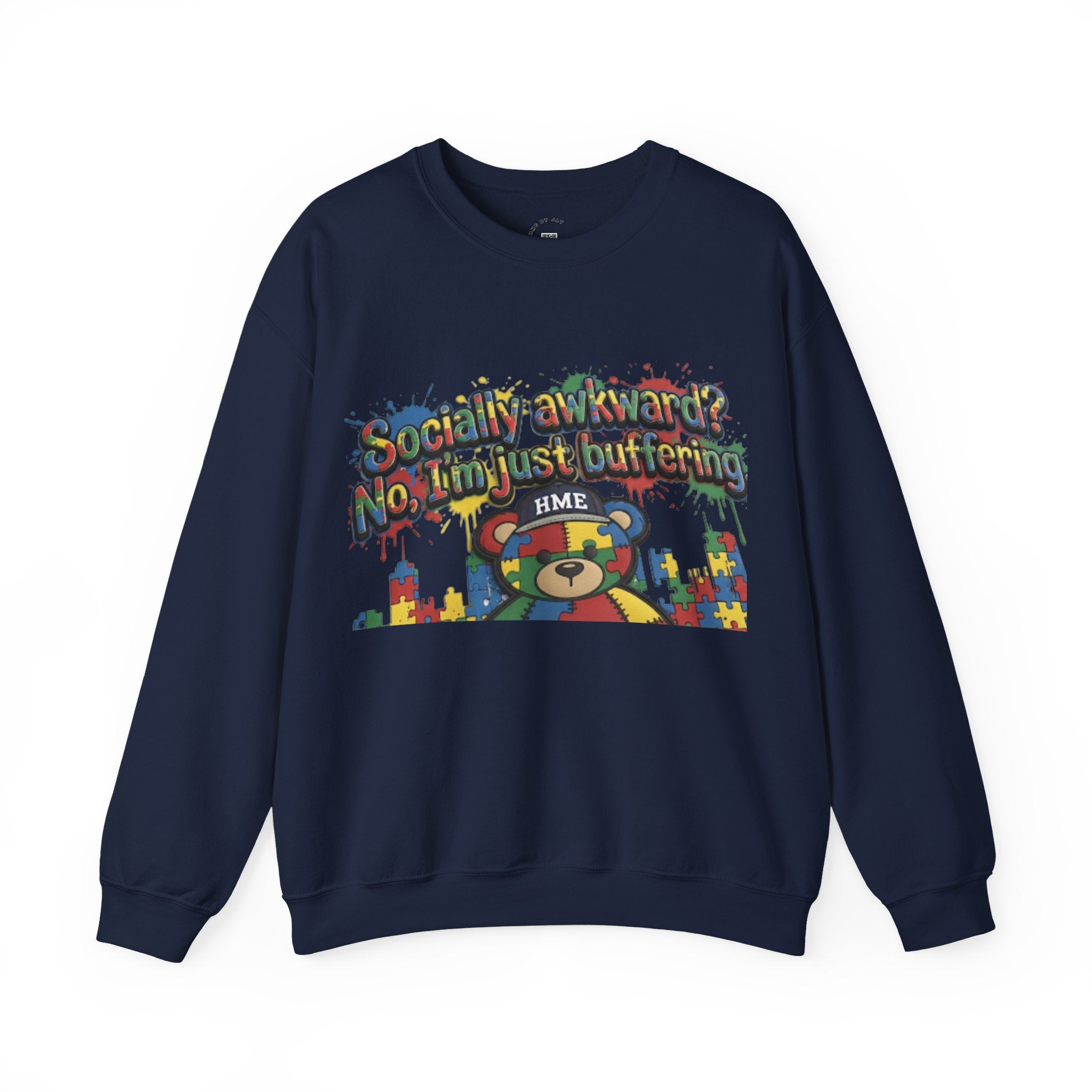 Autism Awareness Crewneck Sweatshirt — "Socially Awkward? No, I’m Just Buffering" Colorful Puzzle Bear Design
