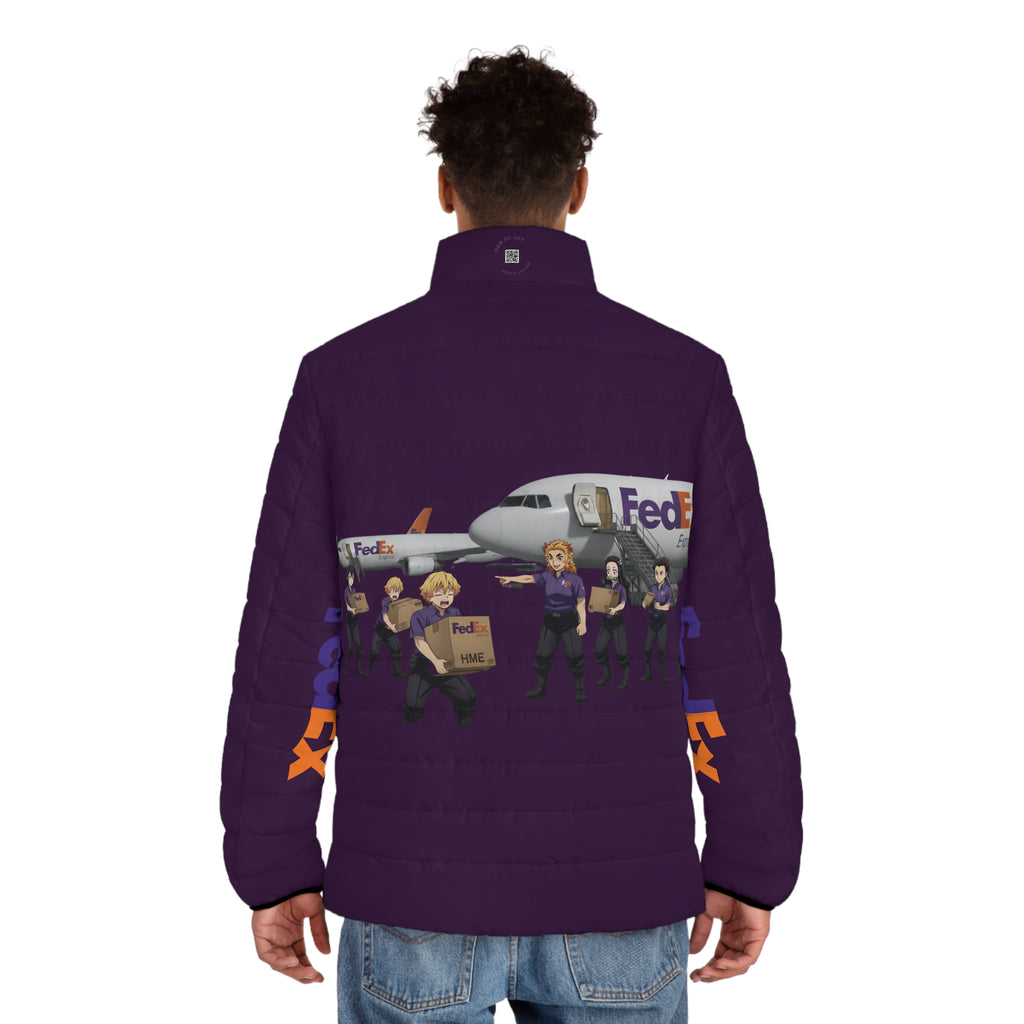 Demon Slayer FedEx Graphic Puffer Jacket — Anime Crossover Puffer Jacket