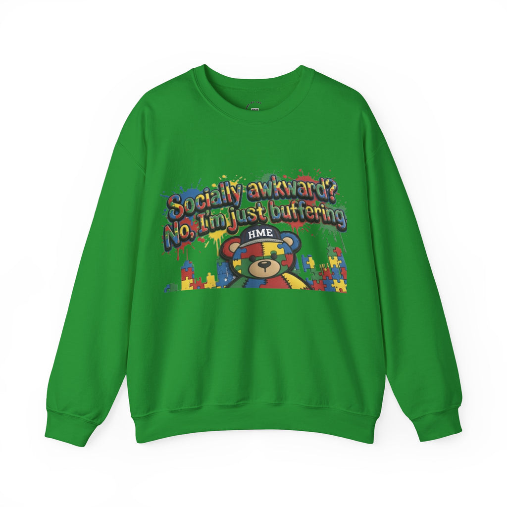 Autism Awareness Crewneck Sweatshirt — "Socially Awkward? No, I’m Just Buffering" Colorful Puzzle Bear Design