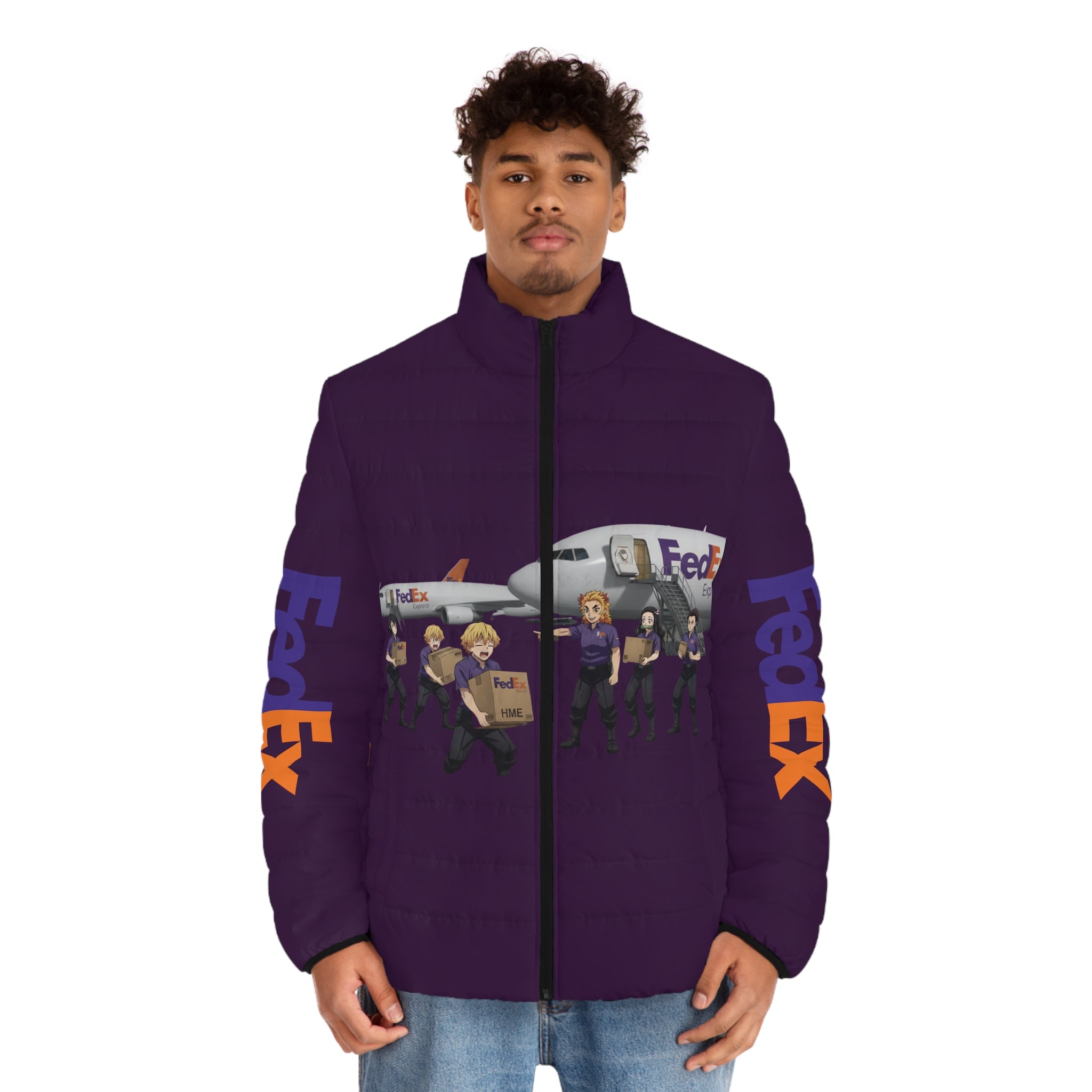 Demon Slayer FedEx Graphic Puffer Jacket — Anime Crossover Puffer Jacket