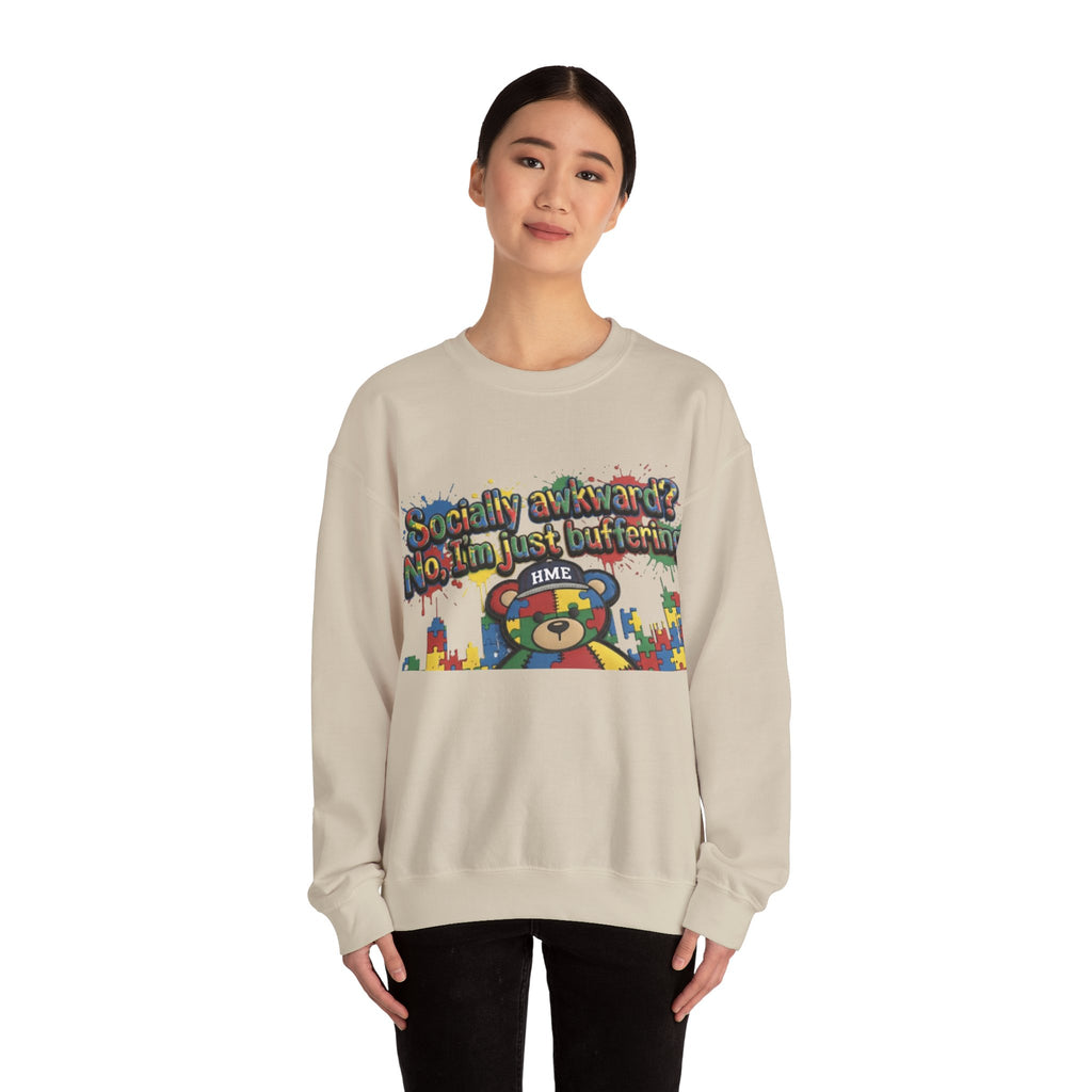 Autism Awareness Crewneck Sweatshirt — "Socially Awkward? No, I’m Just Buffering" Colorful Puzzle Bear Design