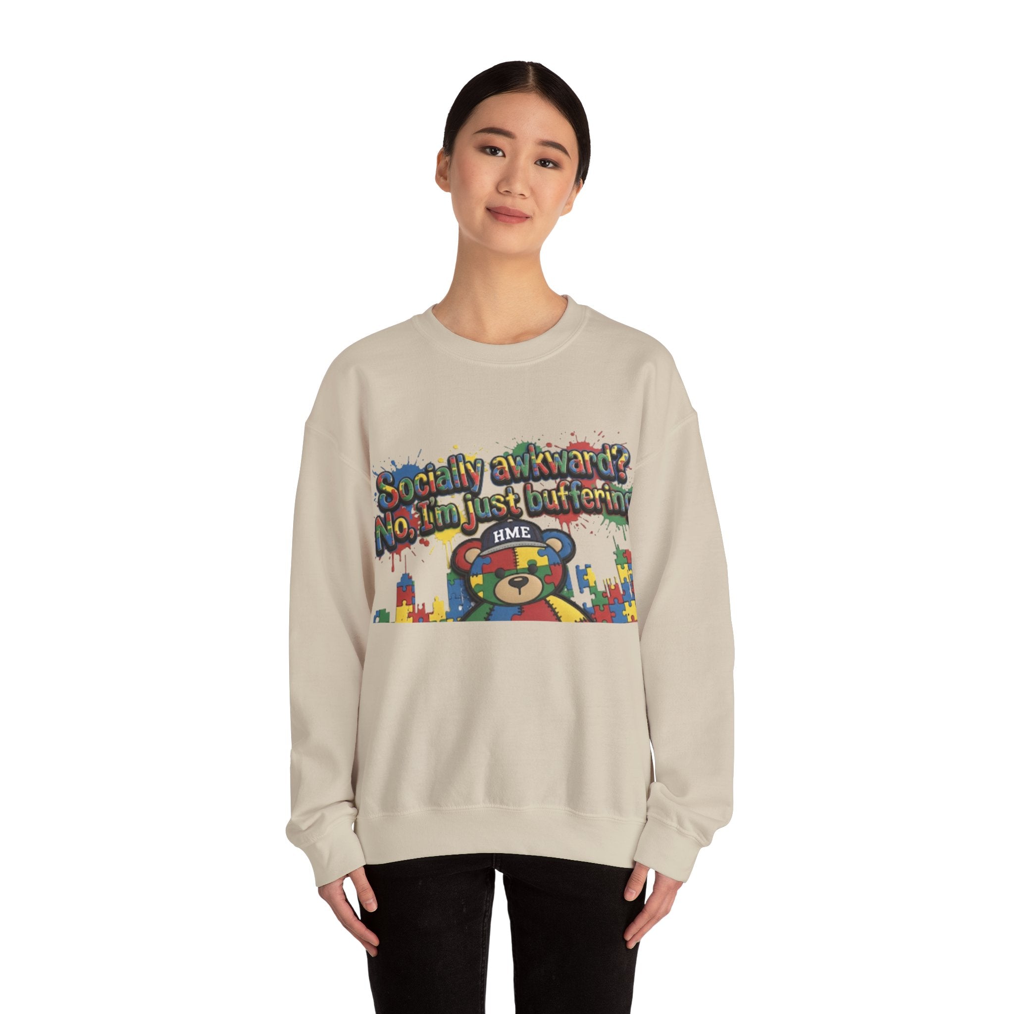 Autism Awareness Crewneck Sweatshirt — "Socially Awkward? No, I’m Just Buffering" Colorful Puzzle Bear Design