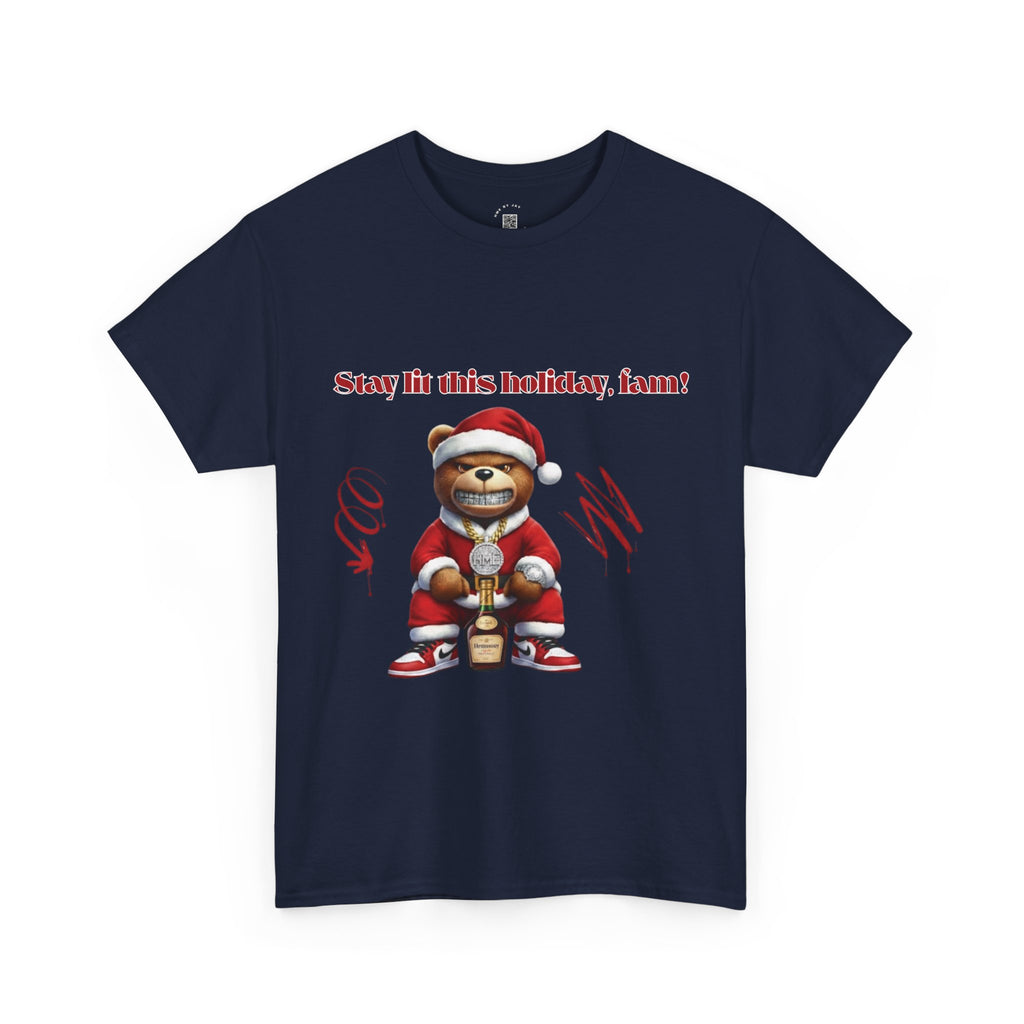 Stay Lit This Holiday, Fam! Santa Teddy Tee – Funny Christmas Graphic T-Shirt