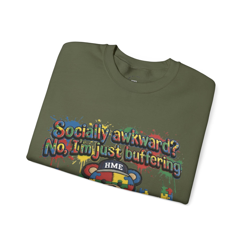 Autism Awareness Crewneck Sweatshirt — "Socially Awkward? No, I’m Just Buffering" Colorful Puzzle Bear Design