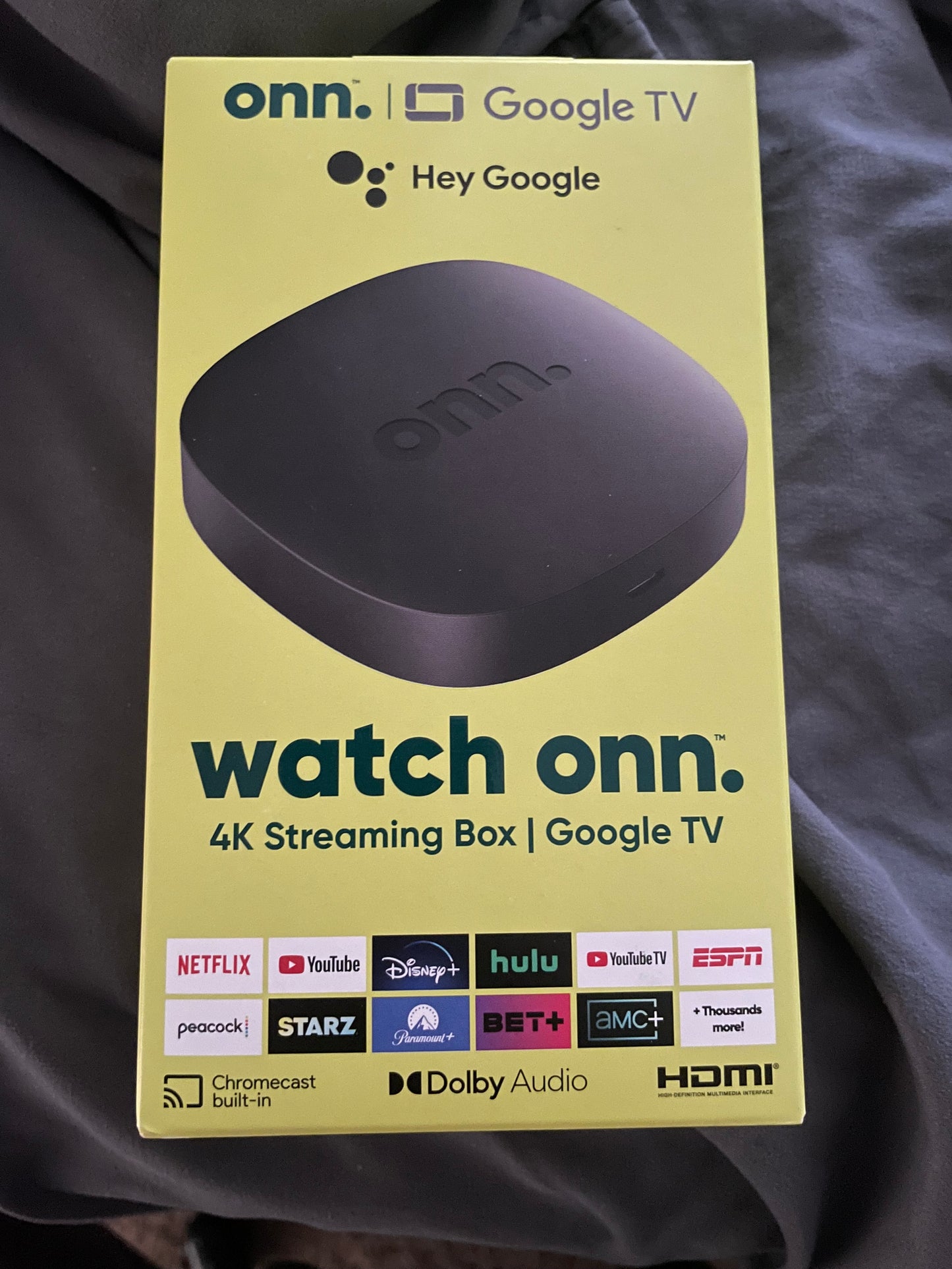 Onn 4K Google tv Streaming Box programmed with 12 months of IPTV