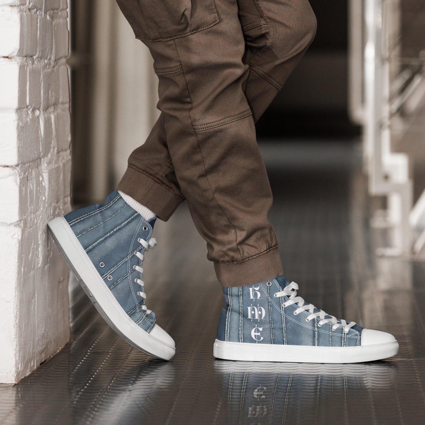 HME Stressed Denim Men’s high top canvas shoes