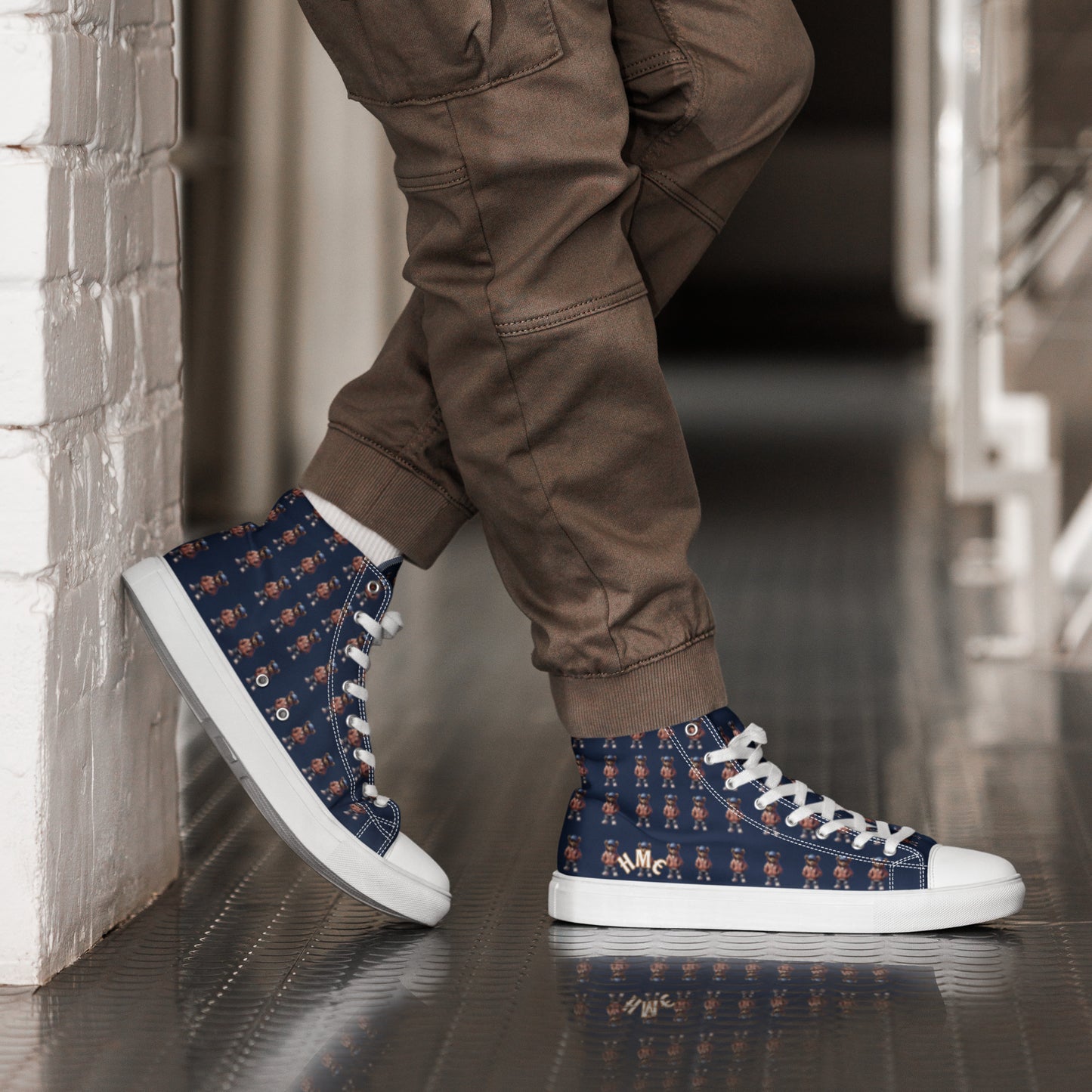 HME Bear Logo Blue Men’s high top canvas shoes