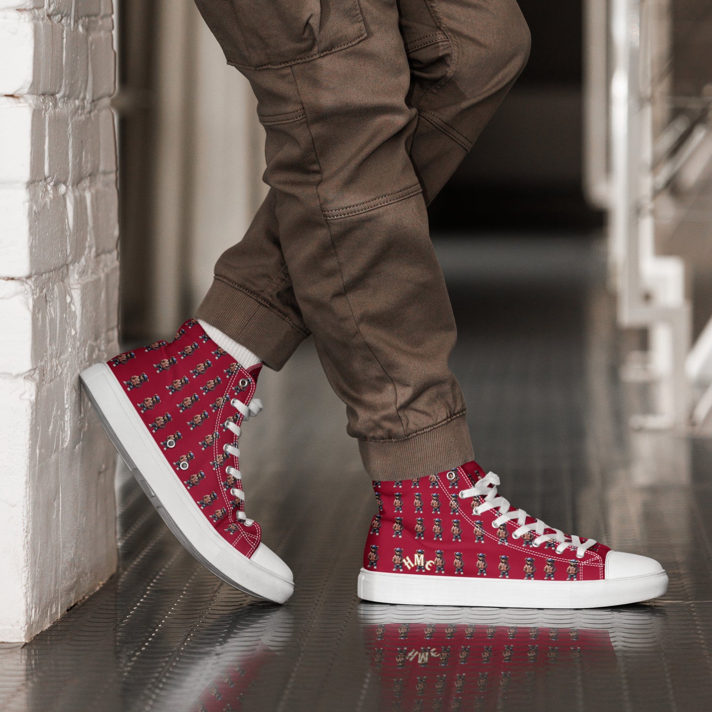 HME Bear Logo Red Men’s high top canvas shoes