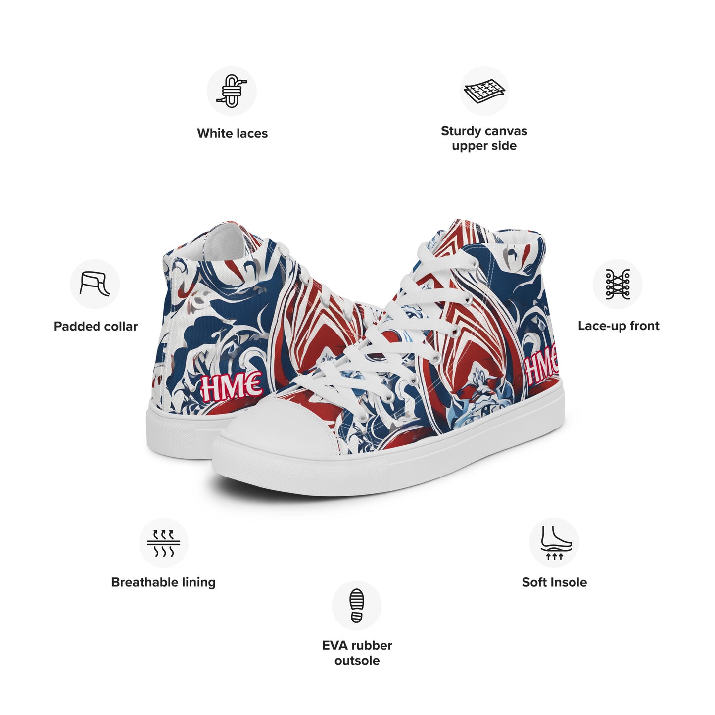 HME Red White Blue Women’s high top canvas shoes